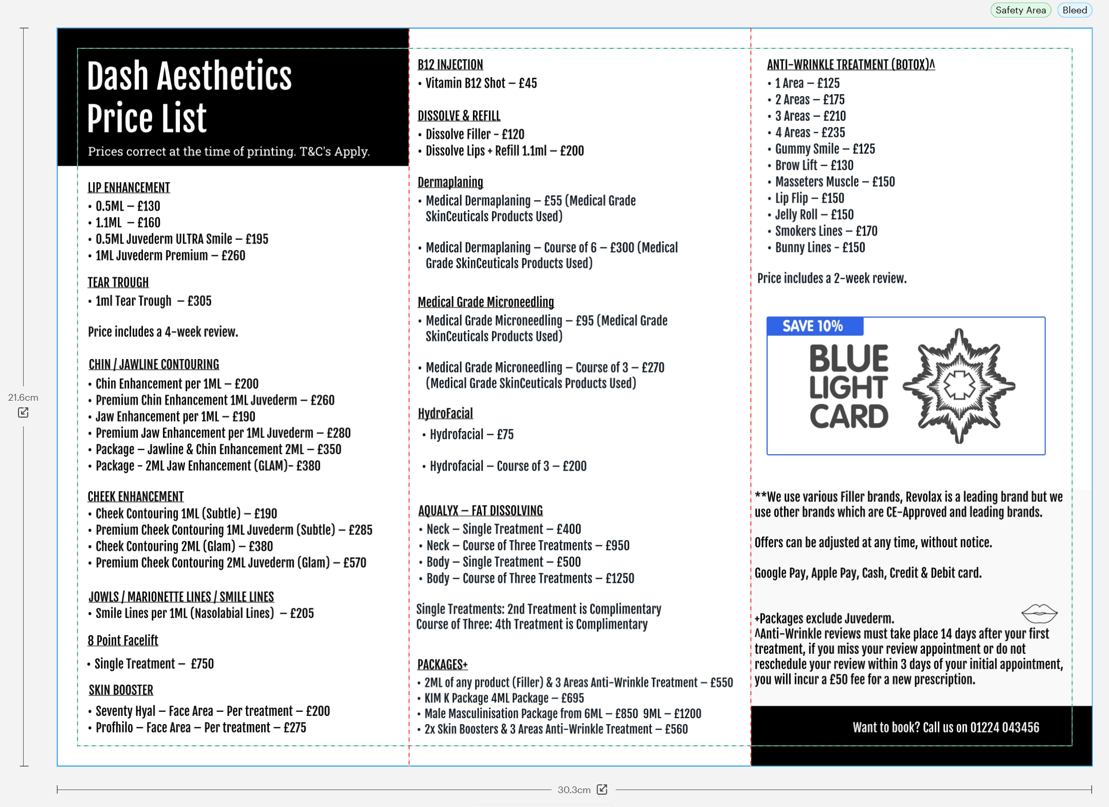 Dash Aesthetics price list design